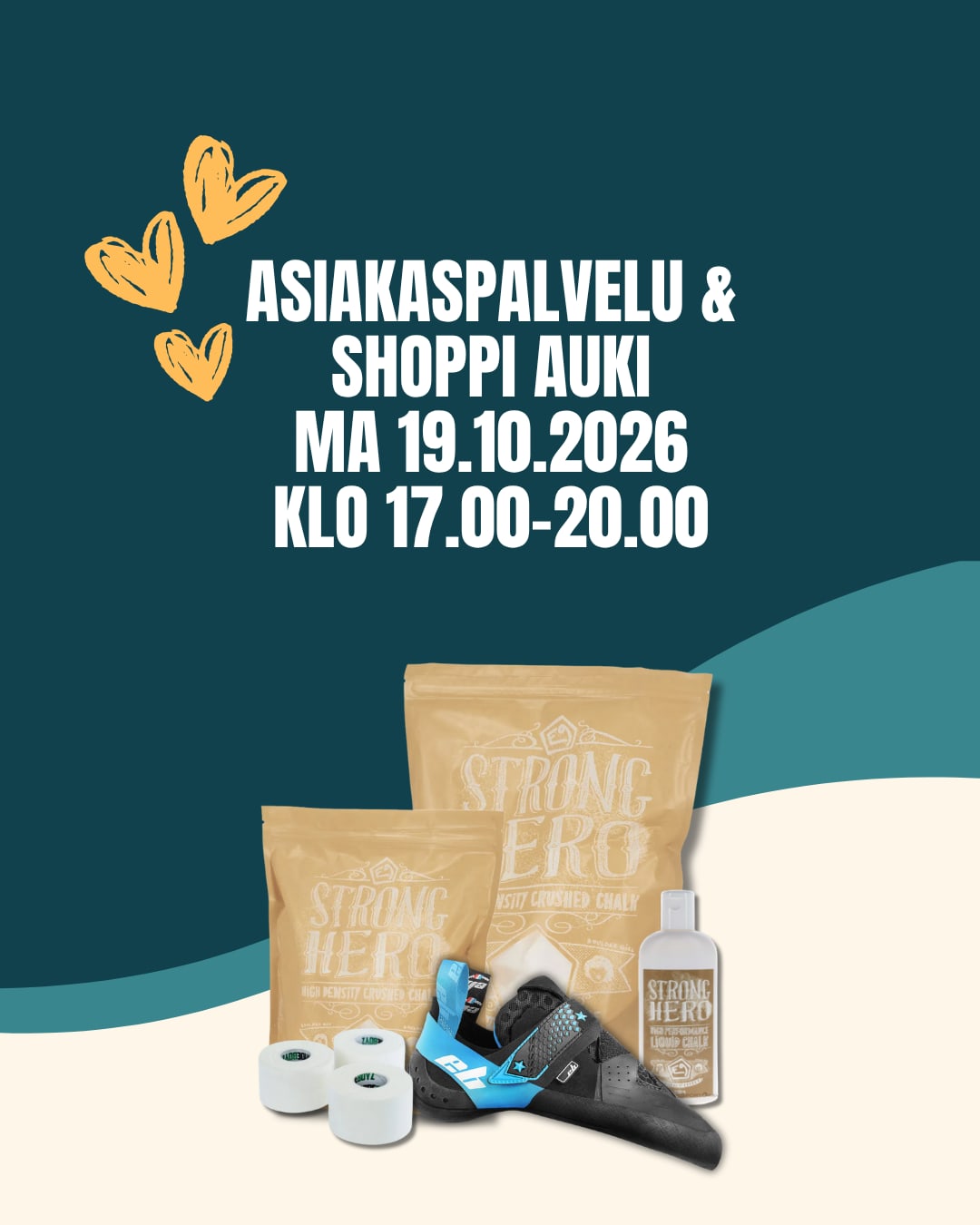 Asiakaspalvelu ja shoppi auki maanantaina 19.10.2026 klo 17.00-20.00
