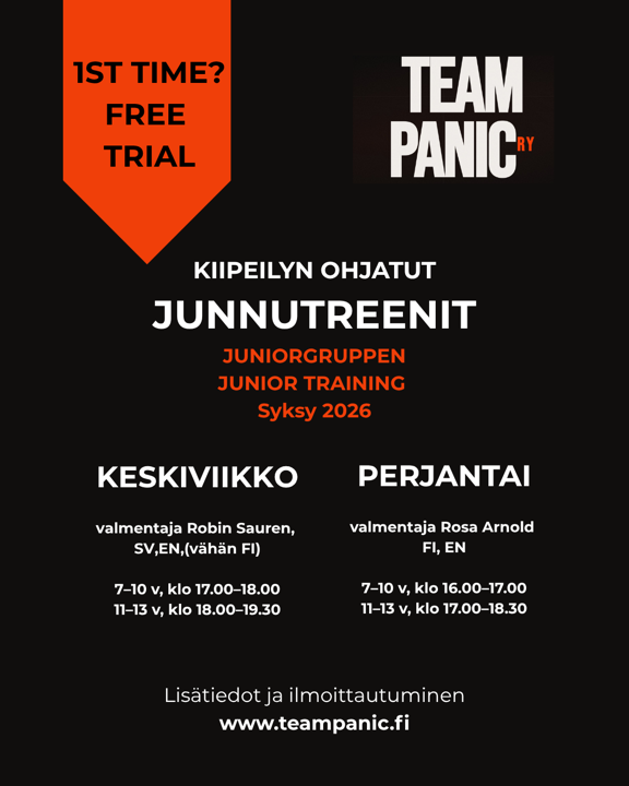 Team Panicin junnutreenit syksy 2026, keskiviikkoisin ja perjantaisin. Ensimmäinen kerta ilmaiseksi. Lisätiedot ja ilmoittautuminen teampanic.fi